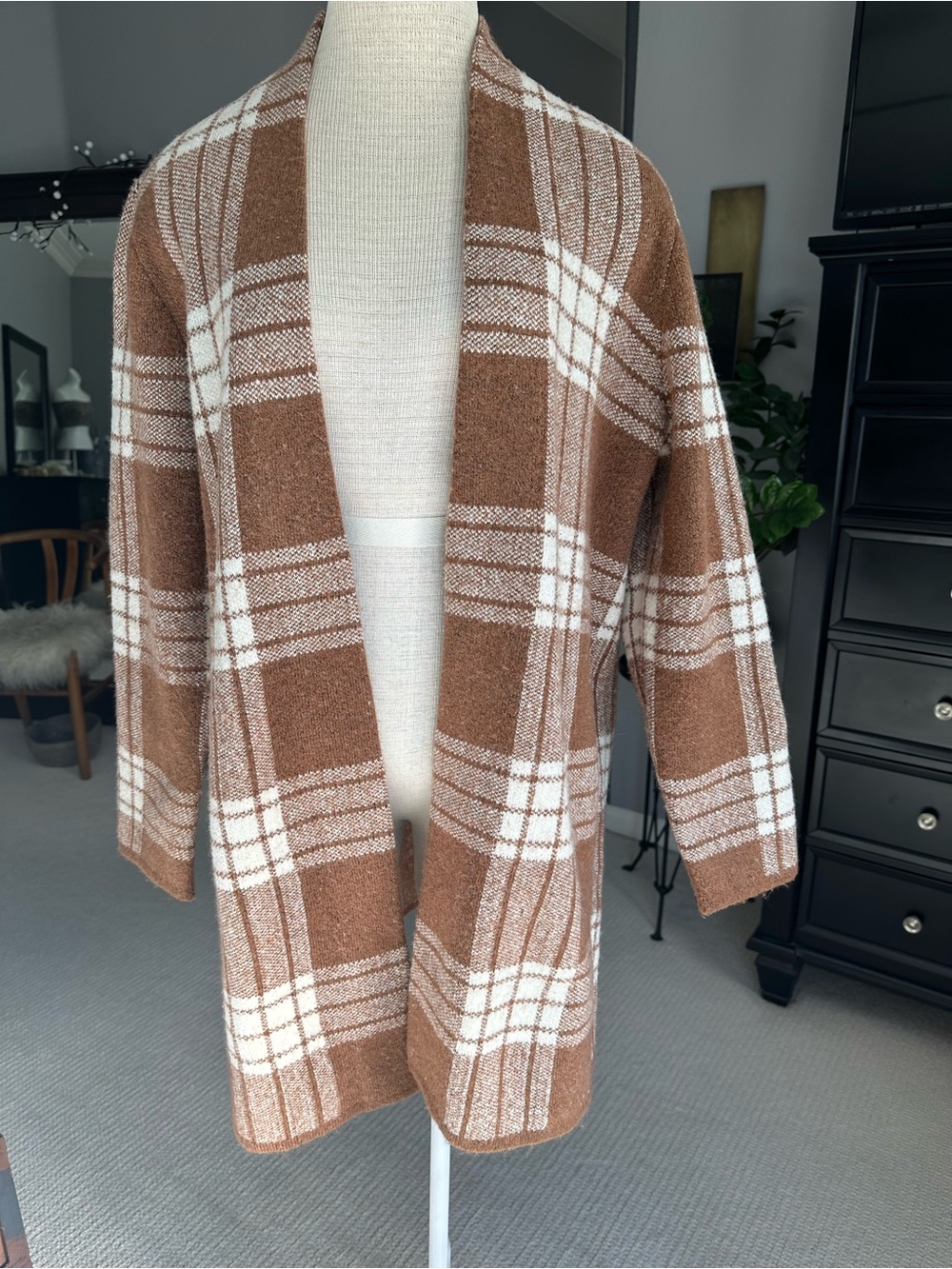 Talbots Plaid Open-Front Cardigan brown and cream size large - Picture 4 of 12